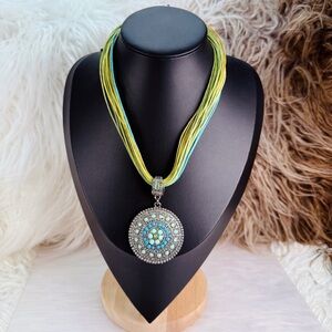 Bohemian Chic Artisan Silvertone Necklace with Green and Blue Accents